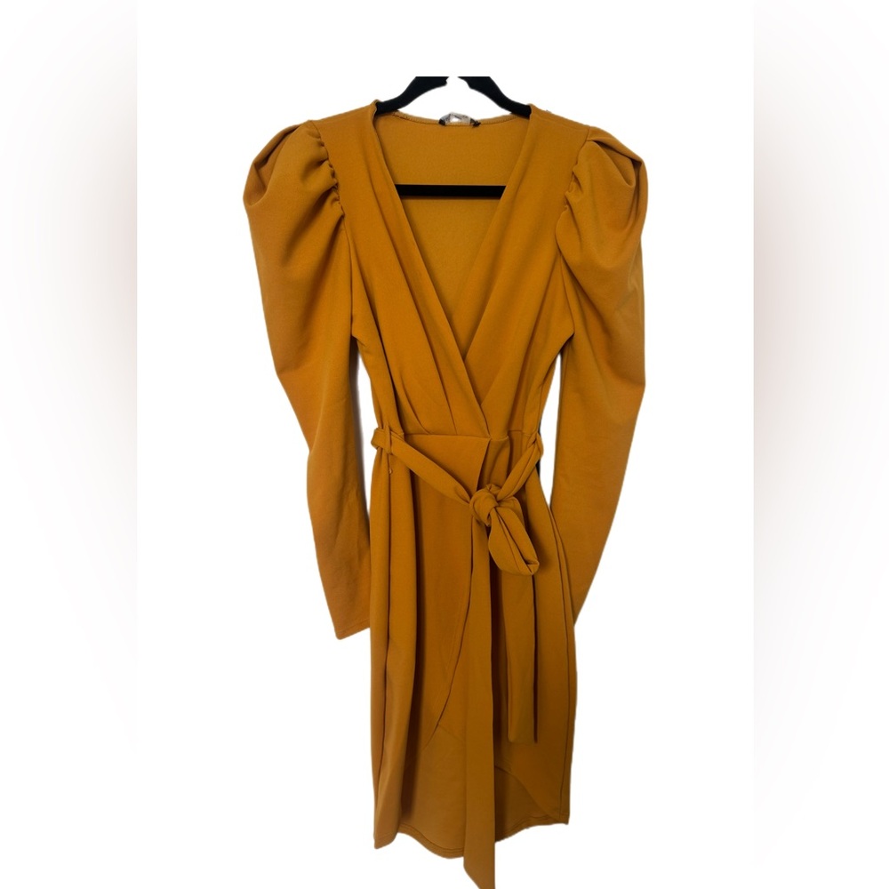 Fashion Nova Mustard Puff Sleeve Wrap Mini Dress Women’s Medium